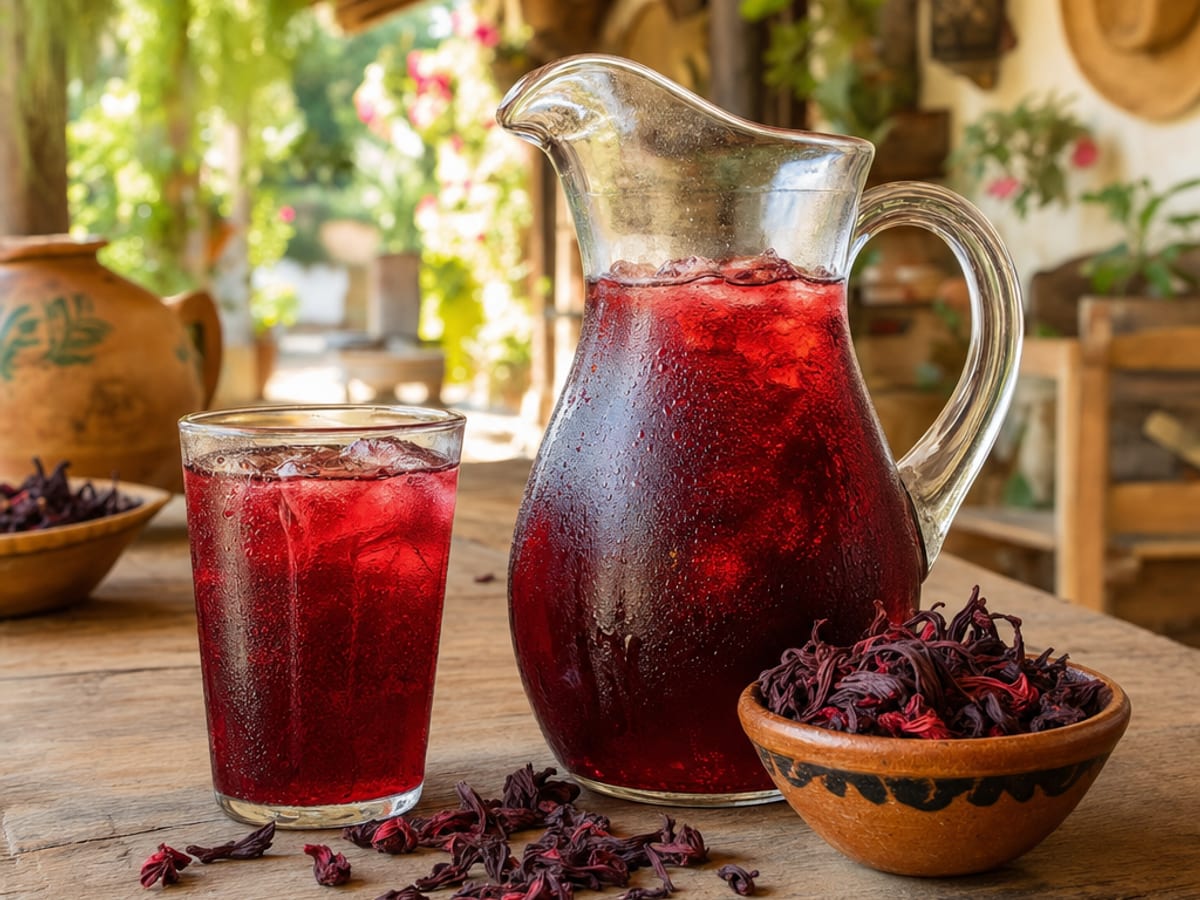 Jarra de agua de jamaica roja con hielo y flores de jamaica