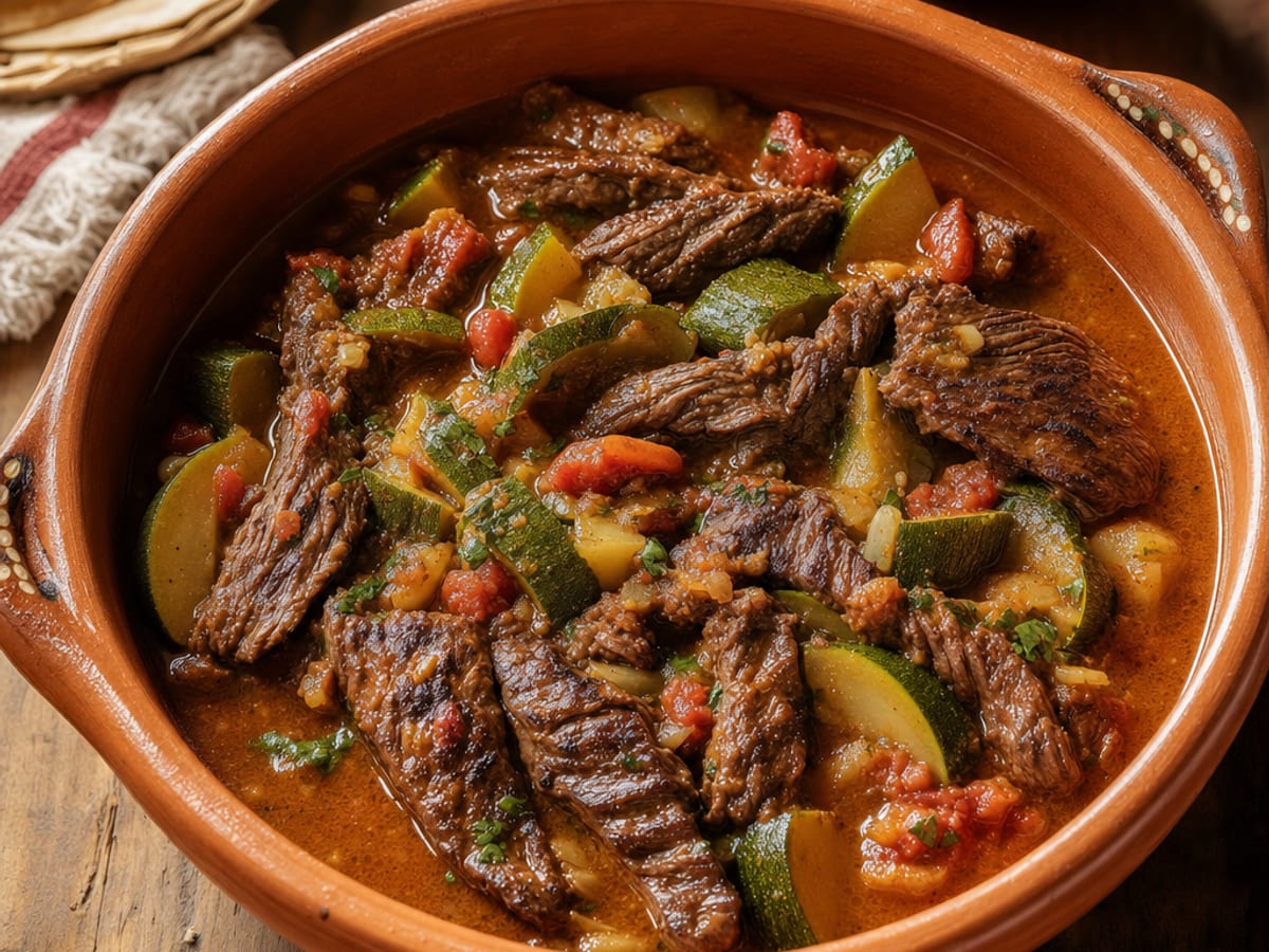Arrachera guisada con calabaza mexicana y tomate en un plato de barro rústico sobre mesa de madera