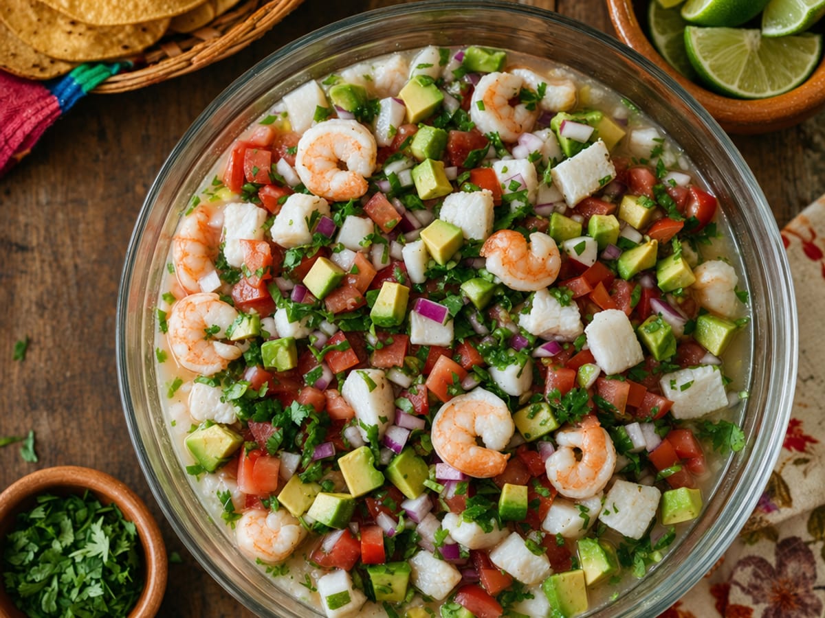 Ceviche de tilapia y camarón con aguacate, tomate, cebolla y cilantro en un tazón de vidrio, con tostadas a un lado