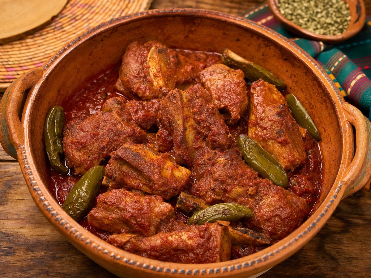 Costillas de puerco doradas en salsa roja de tomate y jalapeño servidas en una olla de barro rústica