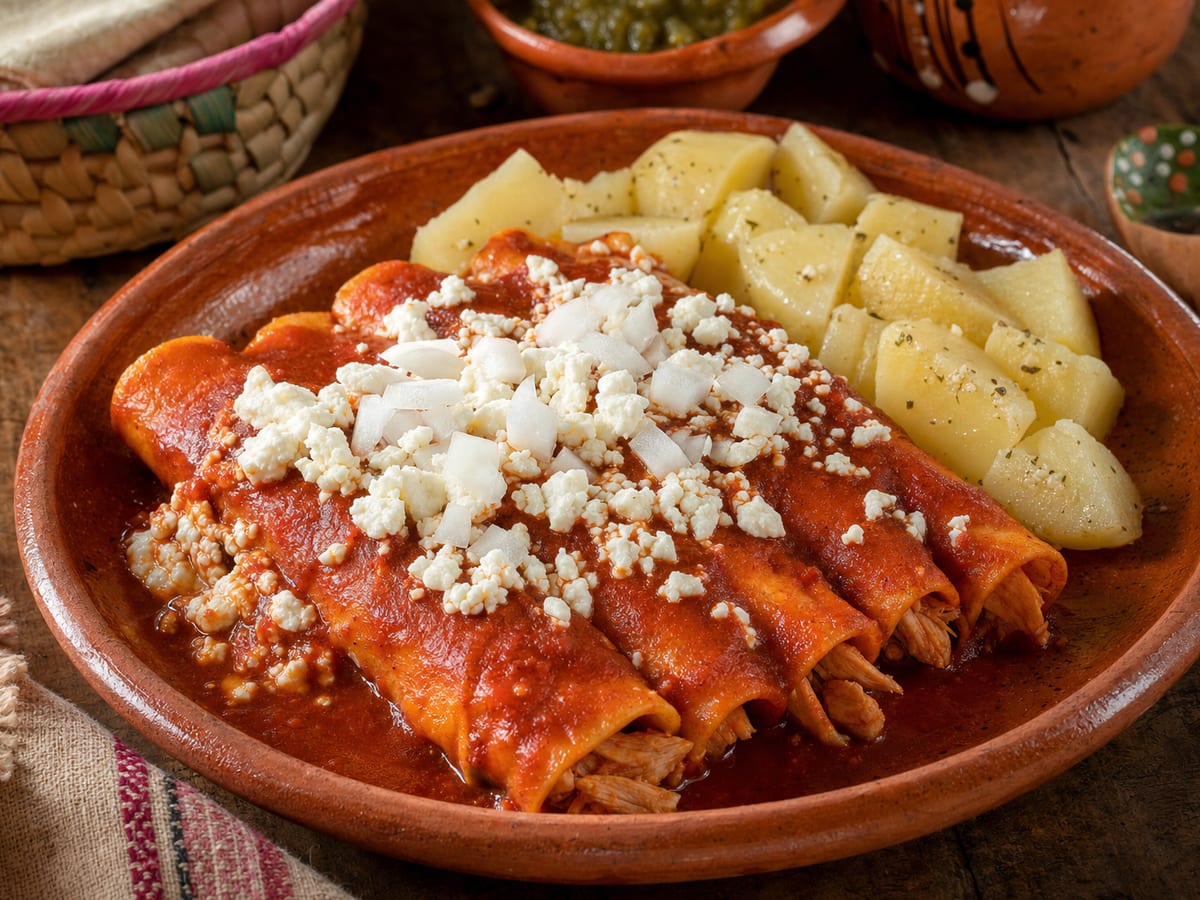 Enchiladas rojas del rancho bañadas en salsa de chile guajillo con queso fresco desmoronado y cebolla, acompañadas de papas con sal de ajo sobre un plato de barro rústico