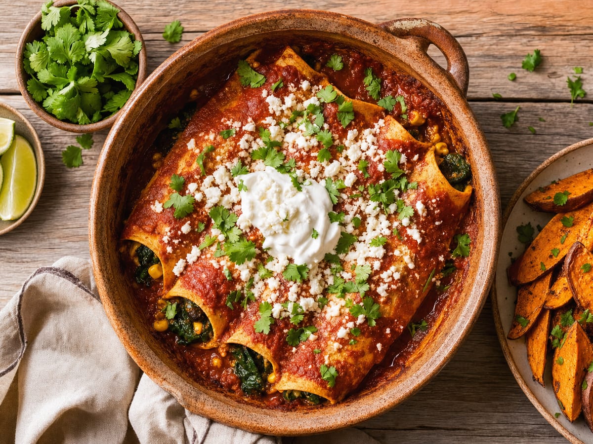 Enchiladas rojas saludables horneadas con pollo y espinaca, yogurt griego encima, acompañadas de camote al horno sobre un plato rústico