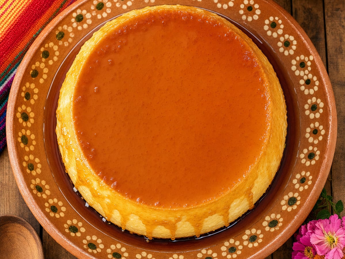 Flan casero con caramelo dorado sobre un plato de barro en una mesa de madera