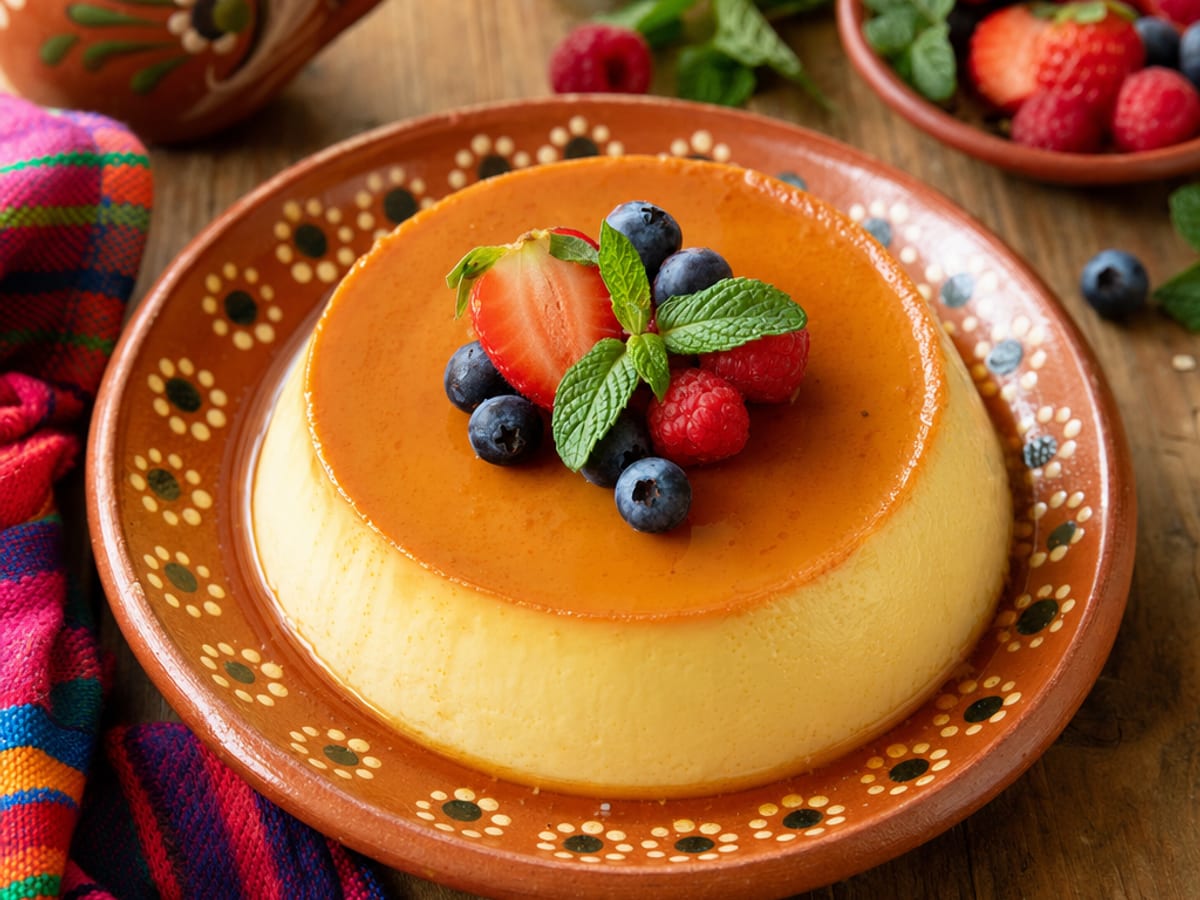 Flan ligero con caramelo dorado y frutos rojos sobre un plato de barro