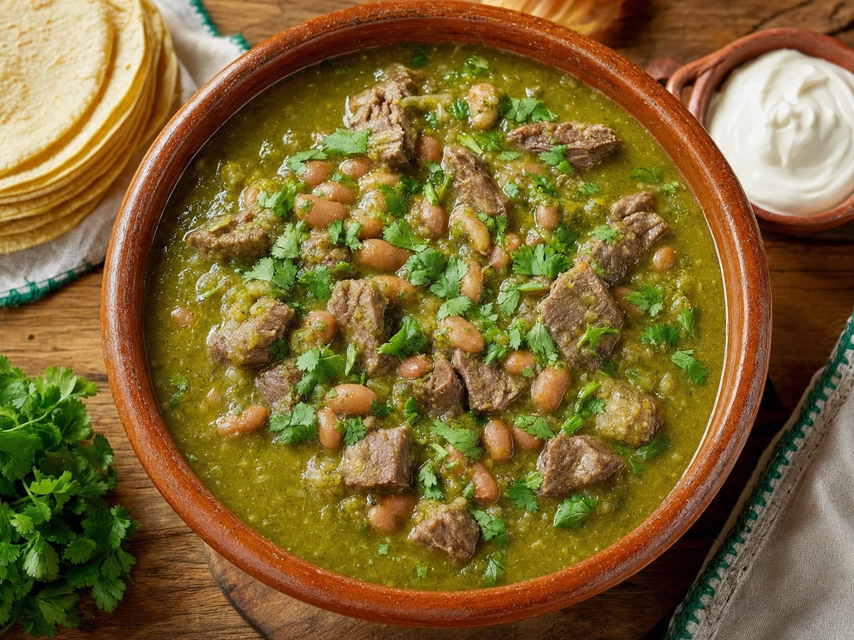 Guisado verde de res con frijoles en un plato de barro rústico, servido con tortillas de maíz y crema mexicana