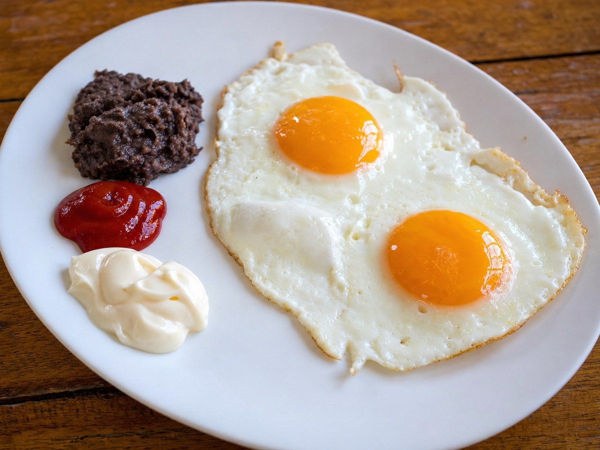 Plato casero con dos huevos estrellados de yema líquida, junto a una porción de frijoles refritos, un chorrito de ketchup y otro de mayonesa a un lado
