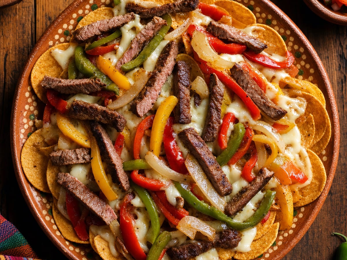 Nachos de bistec sobre totopos de proteína con queso mozzarella derretido y verduras para fajita