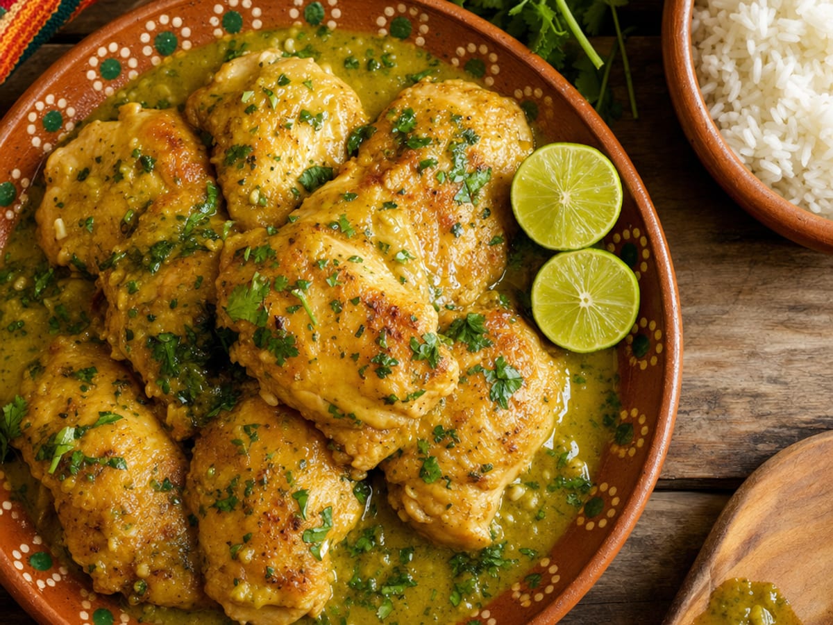 Pollo al limón dorado en salsa verde de limón, ajo y cilantro, servido en plato de barro con arroz blanco