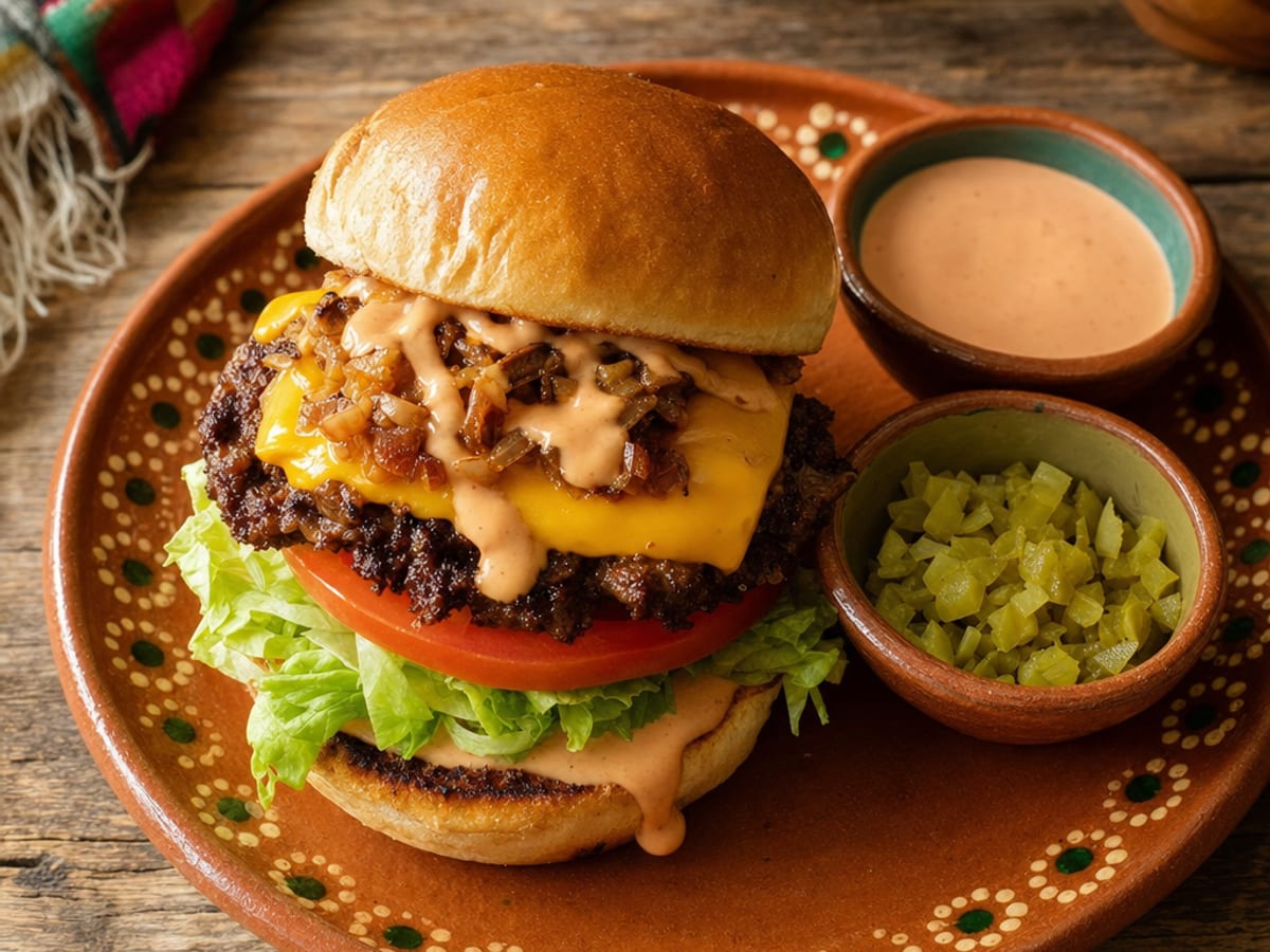 Smash burger estilo In-N-Out con queso americano derretido, cebolla caramelizada, salsa especial, lechuga y jitomate sobre pan keto
