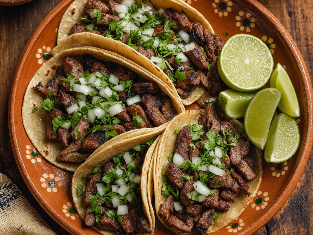 Tacos de carne asada con cilantro, cebolla y limón sobre un plato de barro