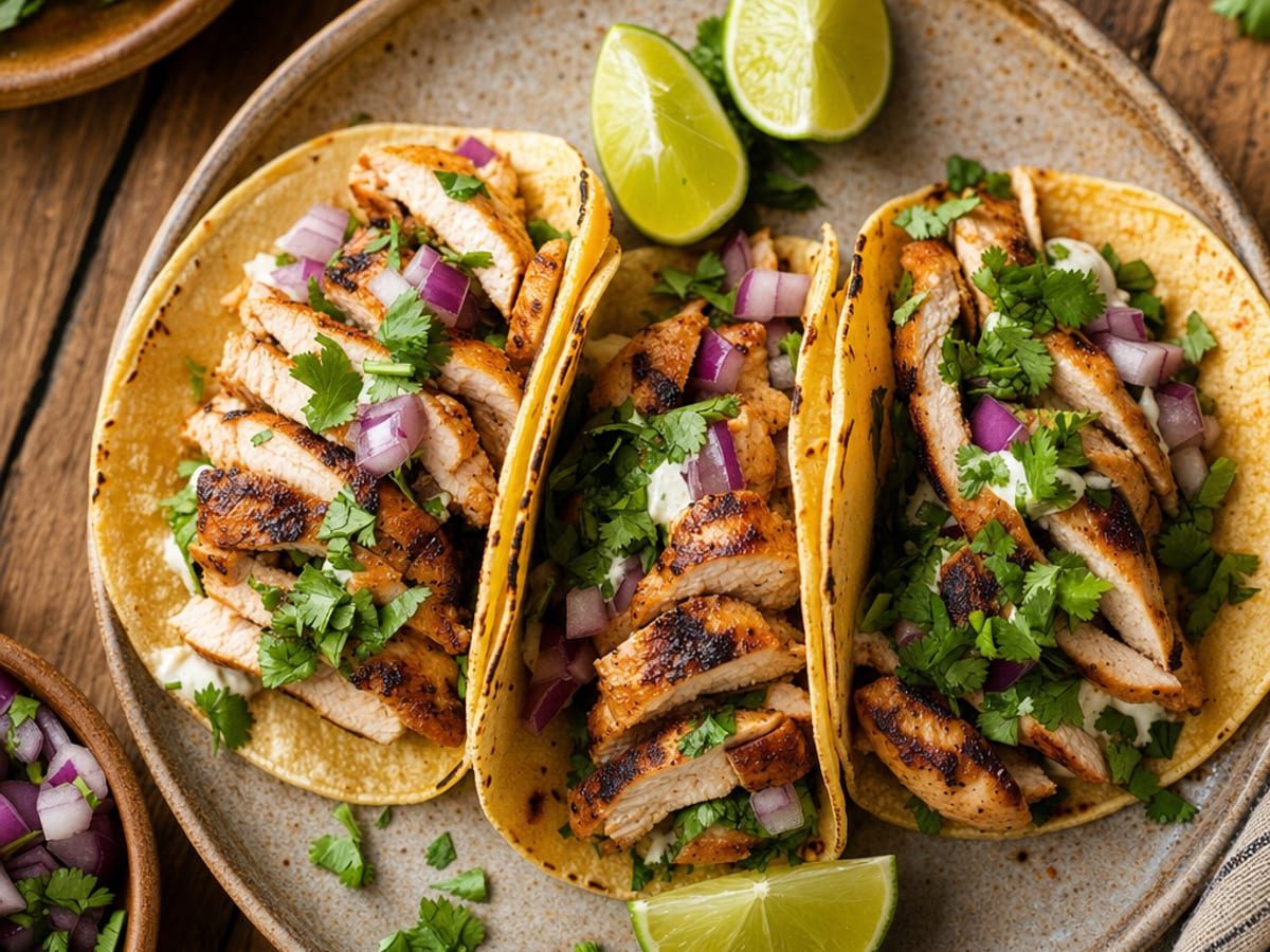 Tacos de pollo a la plancha con cebolla morada y cilantro